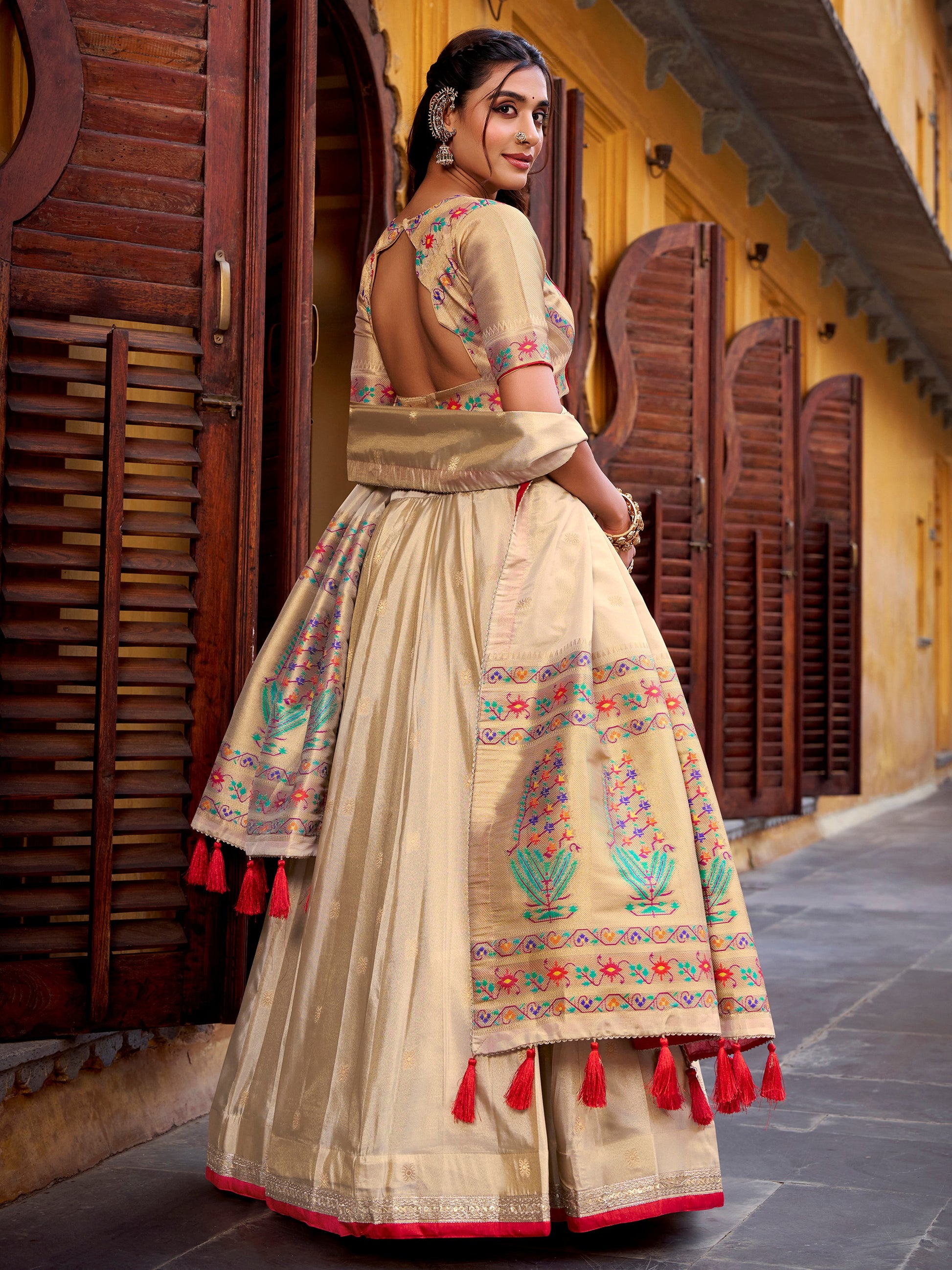 Amazing Cream Zari Weaving Silk Wedding Lehenga Choli With Dupatta