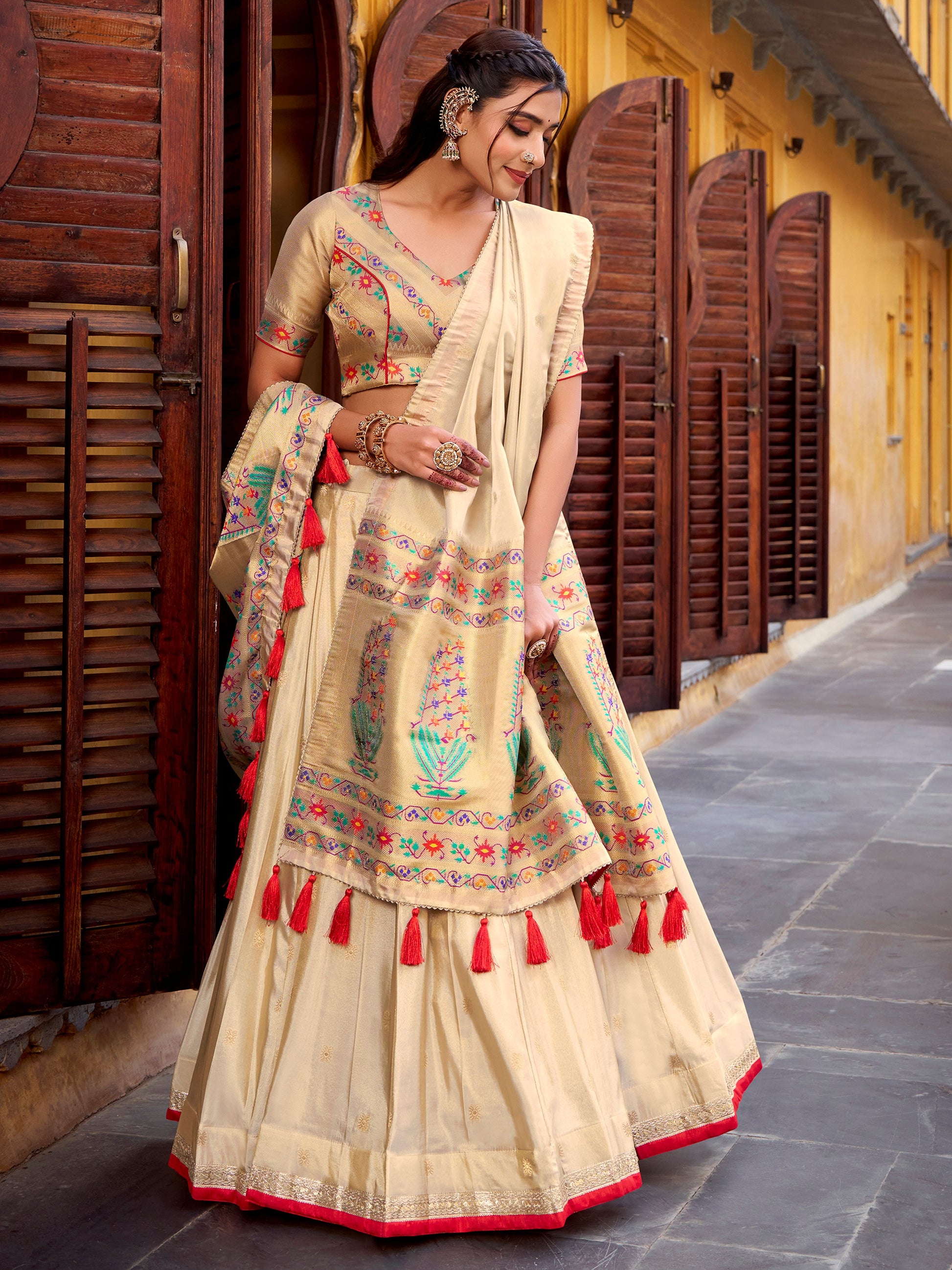 Amazing Cream Zari Weaving Silk Wedding Lehenga Choli With Dupatta