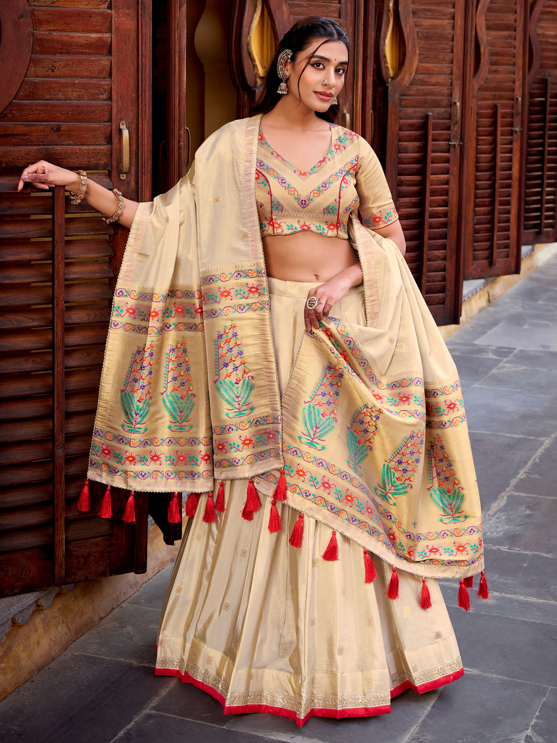 Amazing Cream Zari Weaving Silk Wedding Lehenga Choli With Dupatta