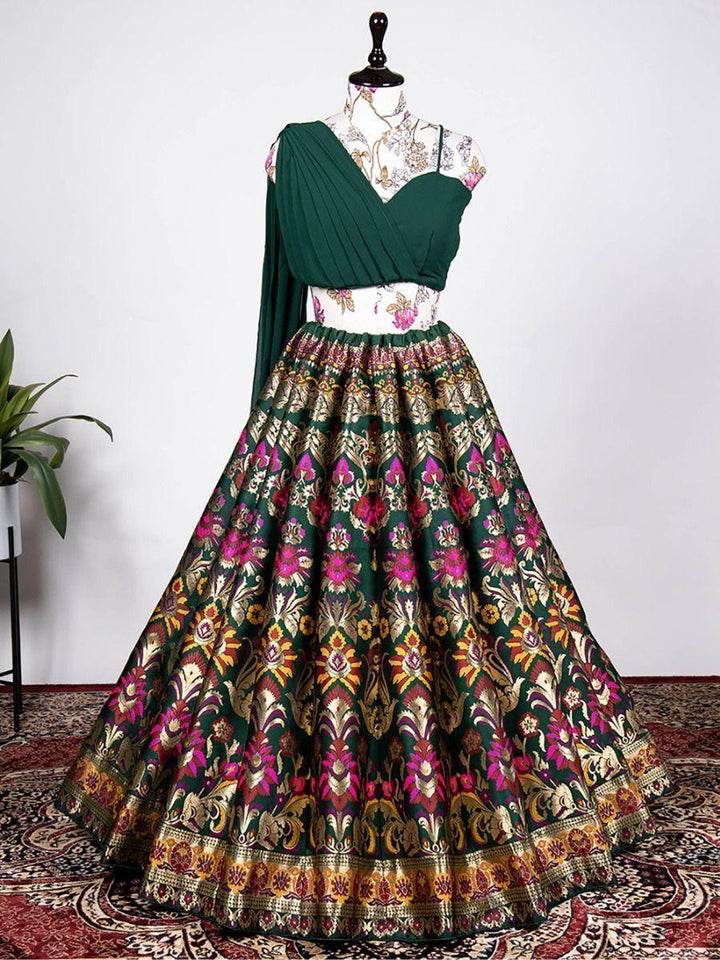 Lovely Green Woven Banarasi Silk Reception Wear Crop Top Lehenga