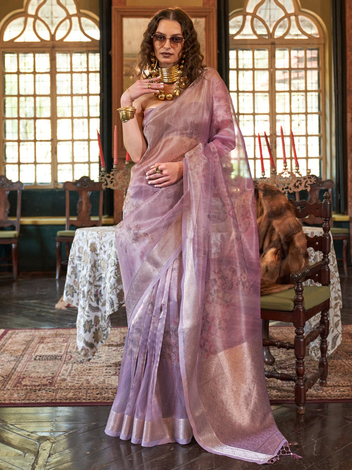 Stylish Purple Zari Weaving Organza Wedding Wear Saree With Blouse
