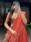 Classic Orange Zari Weaving Silk Festival Wear Lehenga Choli With Dupatta