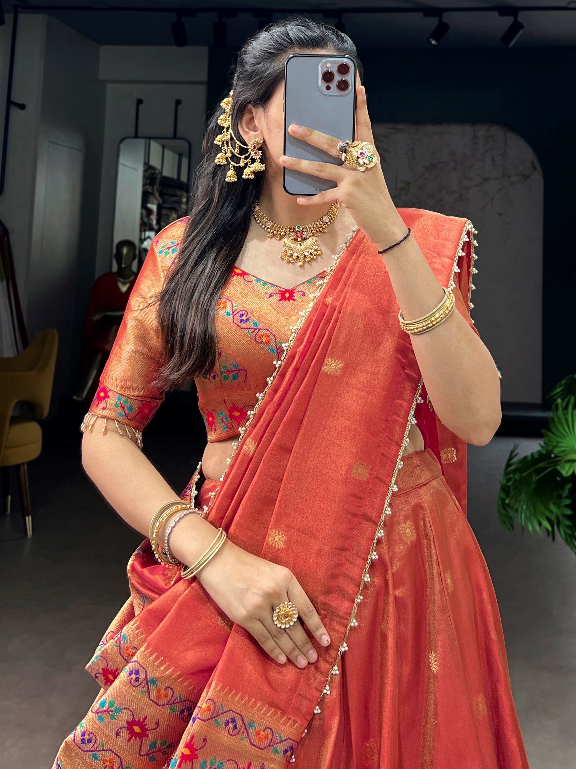 Classic Orange Zari Weaving Silk Festival Wear Lehenga Choli With Dupatta