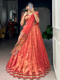 Classic Orange Zari Weaving Silk Festival Wear Lehenga Choli With Dupatta