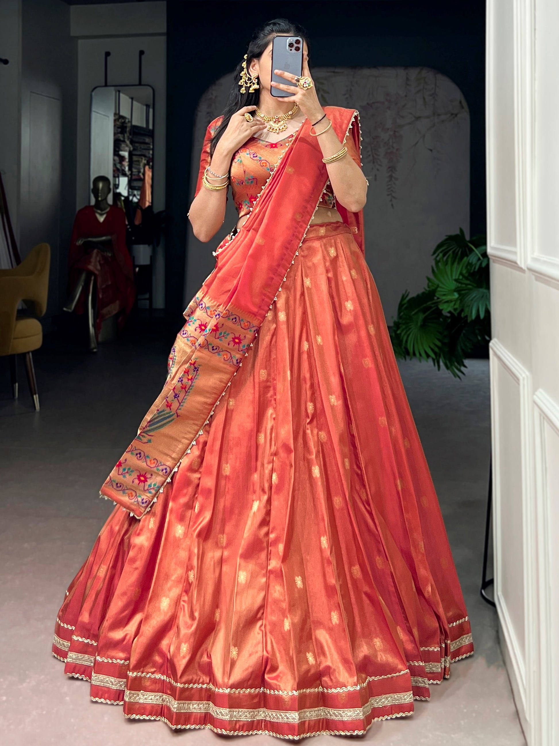 Classic Orange Zari Weaving Silk Festival Wear Lehenga Choli With Dupatta