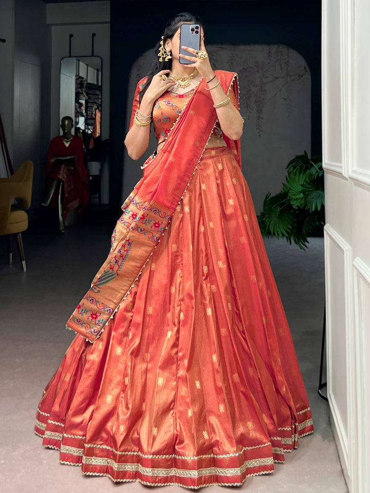 Classic Orange Zari Weaving Silk Festival Wear Lehenga Choli With Dupatta