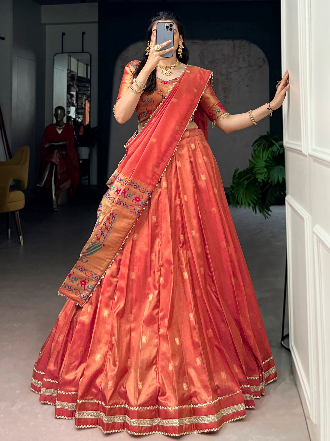 Classic Orange Zari Weaving Silk Festival Wear Lehenga Choli With Dupatta