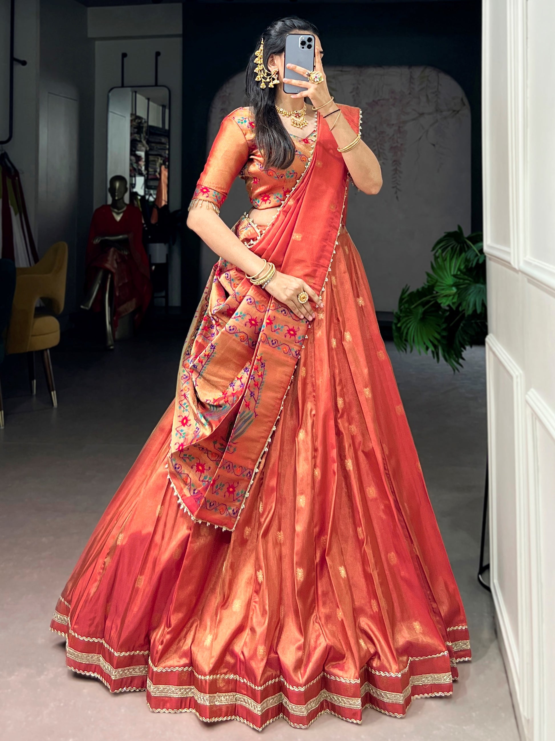 Classic Orange Zari Weaving Silk Festival Wear Lehenga Choli With Dupatta