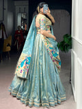 Sparkling Sky Blue Zari Work Silk Festival Wear Lehenga Choli With Dupatta