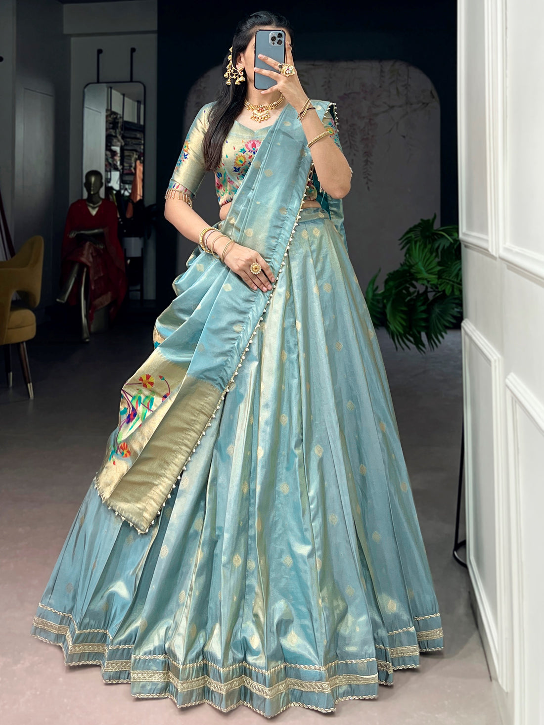 Sparkling Sky Blue Zari Work Silk Festival Wear Lehenga Choli With Dupatta