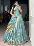 Sparkling Sky Blue Zari Work Silk Festival Wear Lehenga Choli With Dupatta
