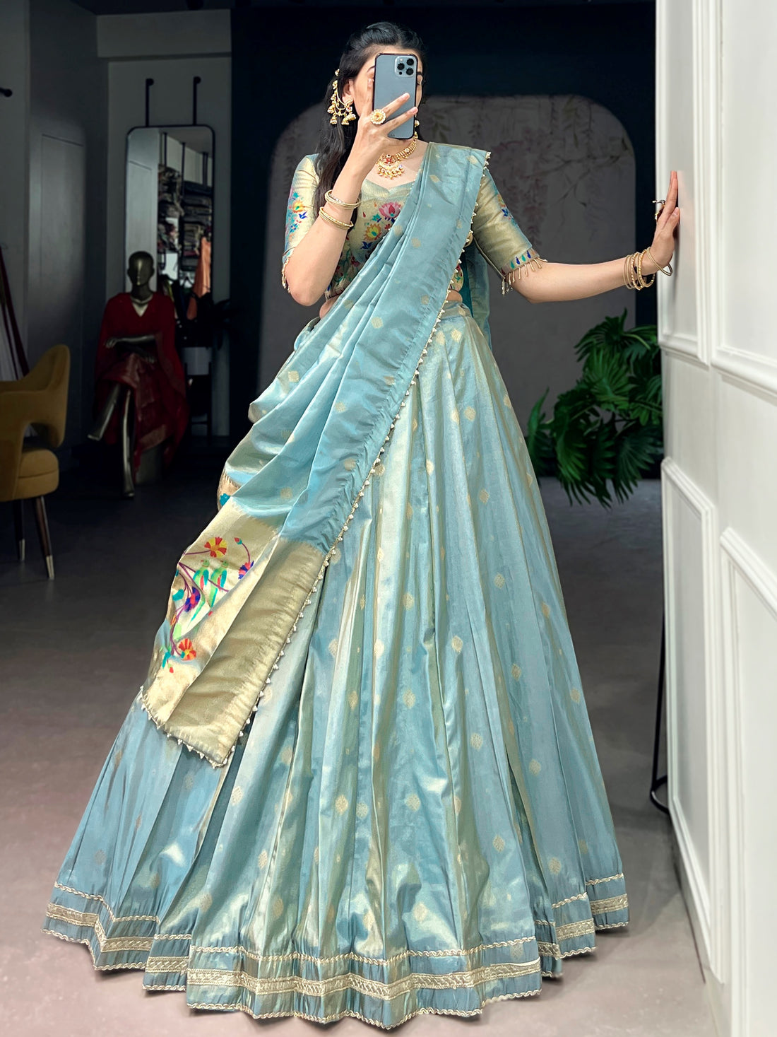 Sparkling Sky Blue Zari Work Silk Festival Wear Lehenga Choli With Dupatta
