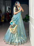 Sparkling Sky Blue Zari Work Silk Festival Wear Lehenga Choli With Dupatta