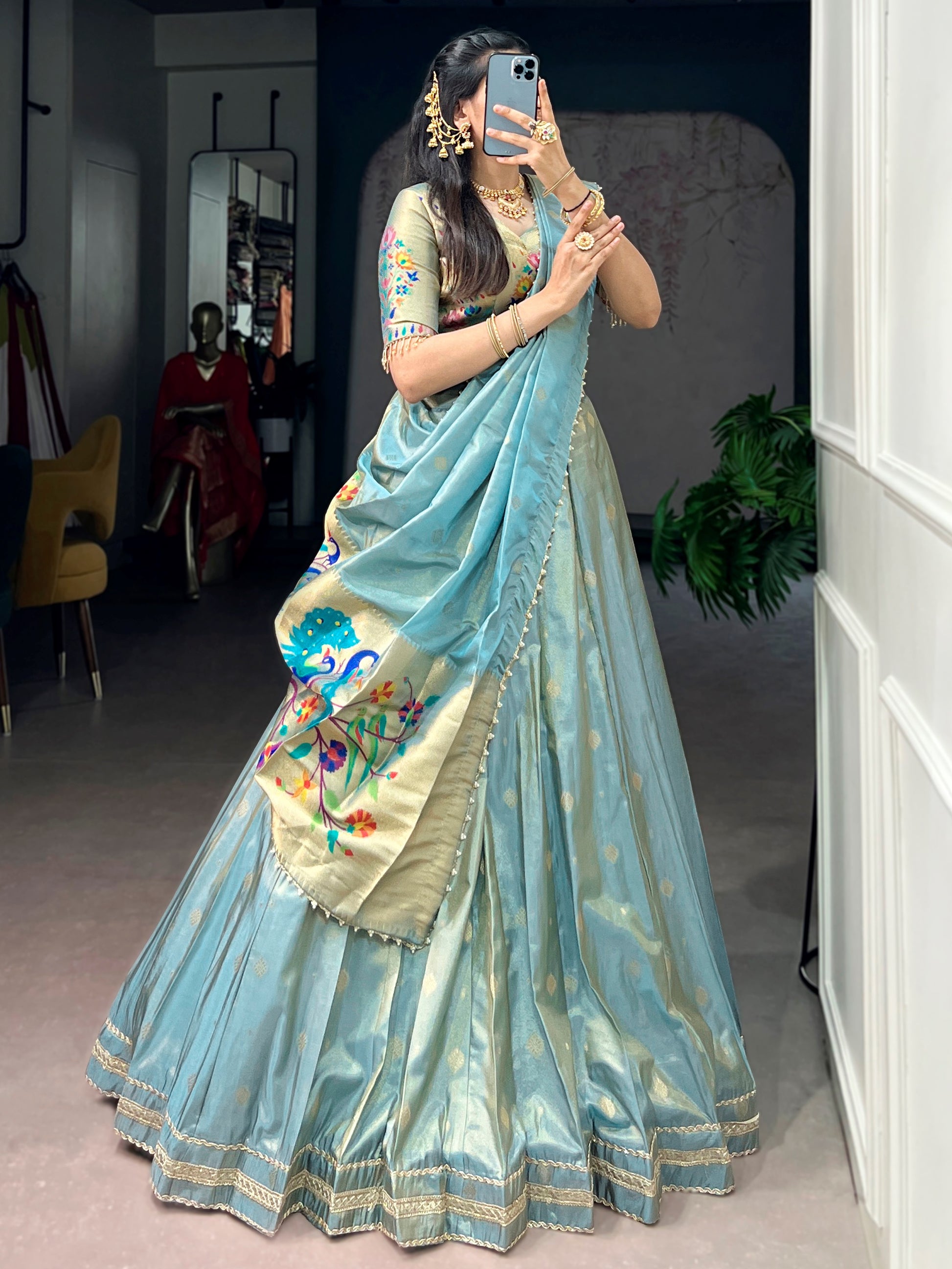 Sparkling Sky Blue Zari Work Silk Festival Wear Lehenga Choli With Dupatta
