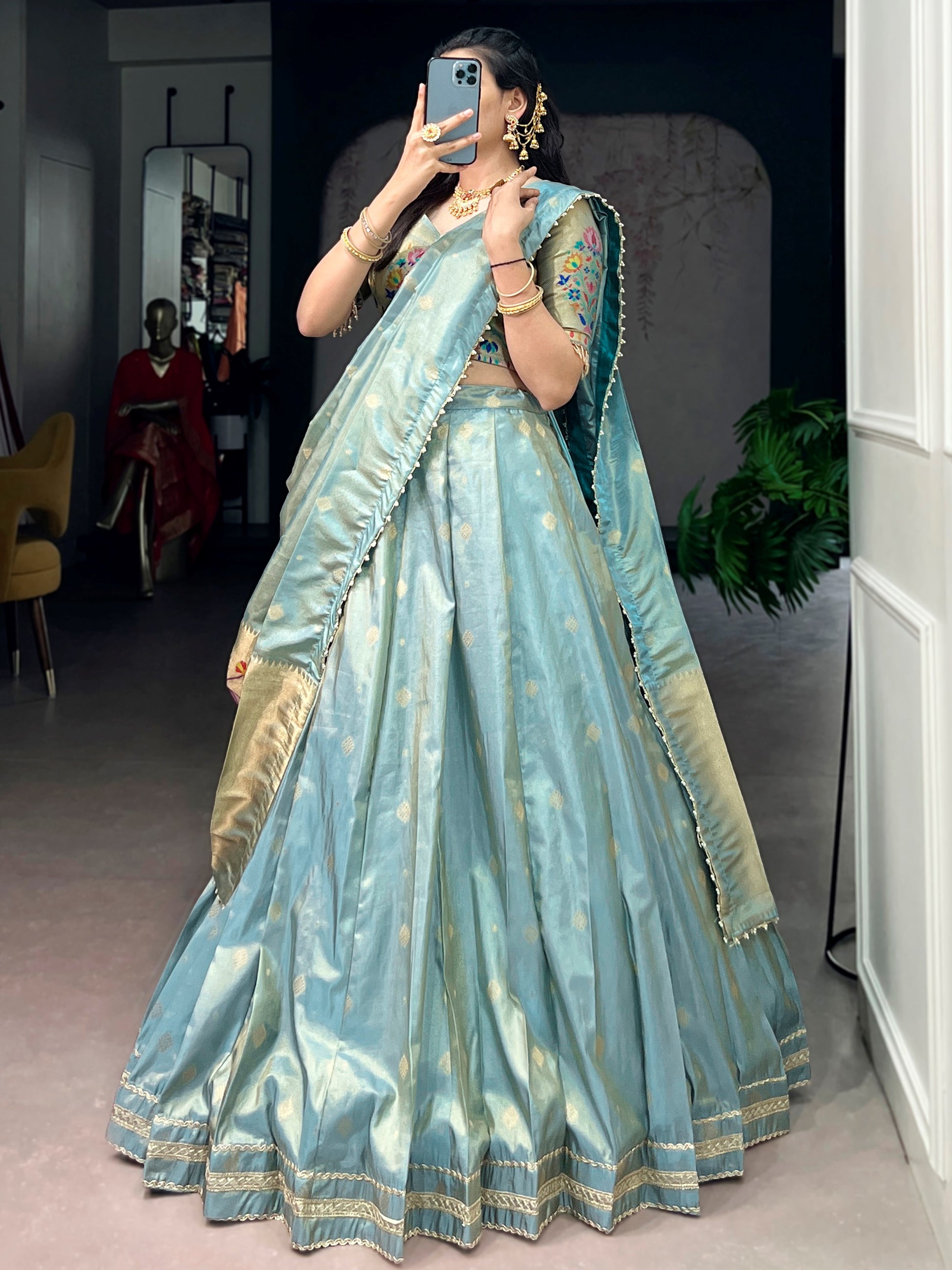 Sparkling Sky Blue Zari Work Silk Festival Wear Lehenga Choli With Dupatta