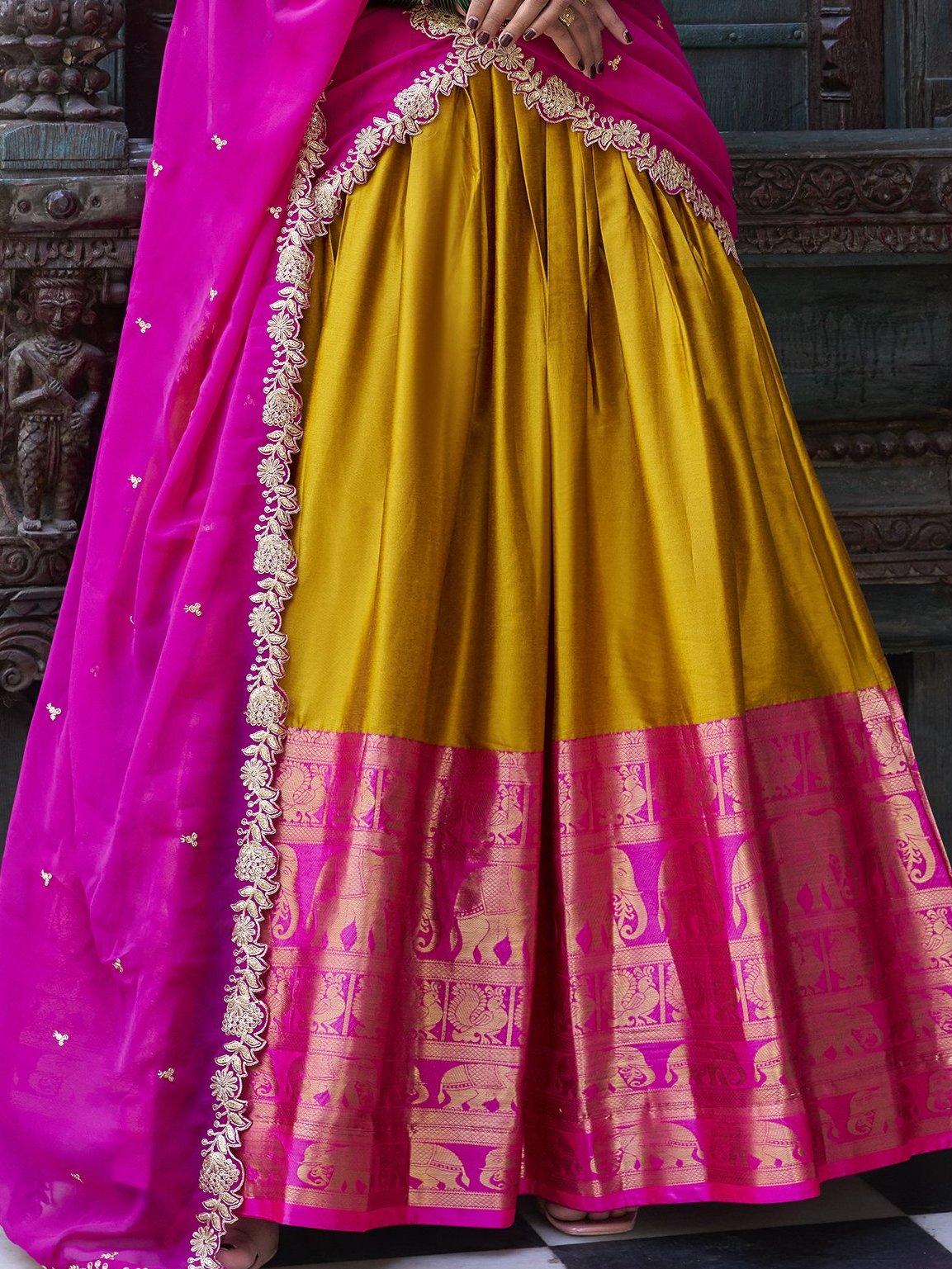 Lovely Mustard Yellow Zari Weaving Silk Festive Wear Half Saree Lehenga