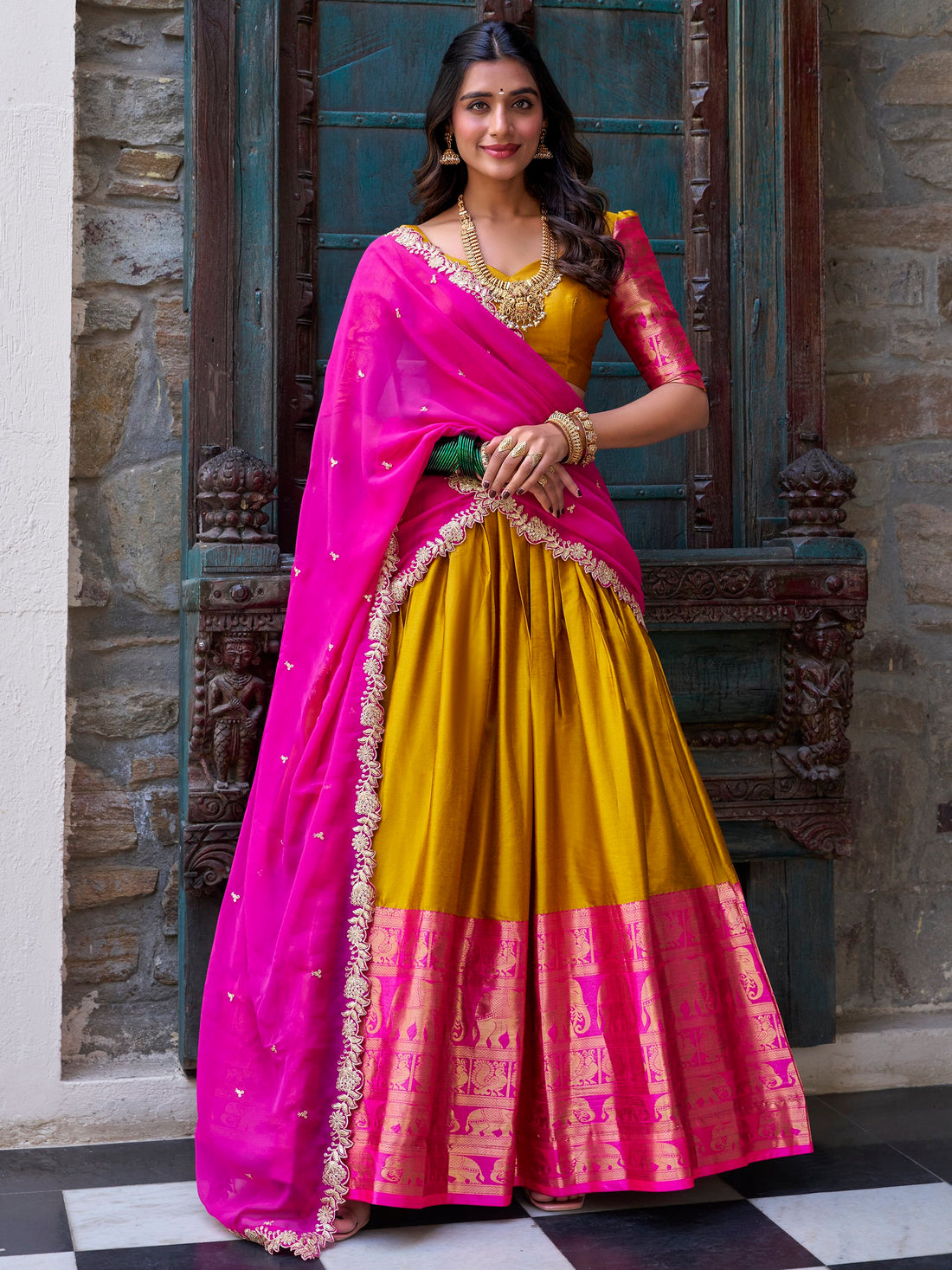 Lovely Mustard Yellow Zari Weaving Silk Festive Wear Half Saree Lehenga