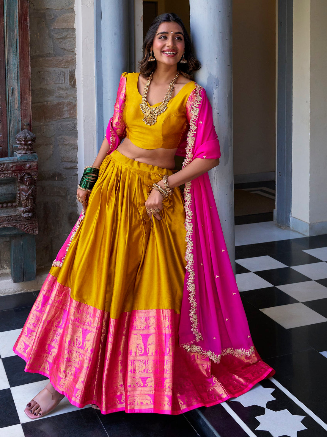 Lovely Mustard Yellow Zari Weaving Silk Festive Wear Half Saree Lehenga