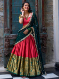 Glamorous Red Zari Weaving Silk Onam Special Half Saree Lehenga