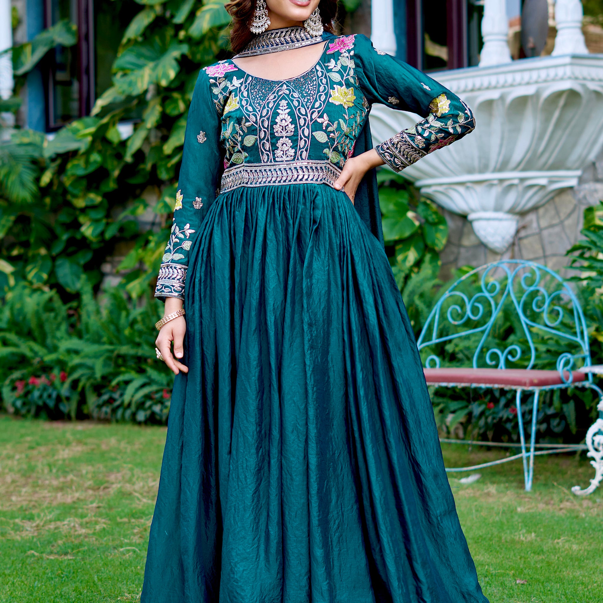Beautiful Teal Blue Coding Work Silk Evening Wear Gown With Dupatta