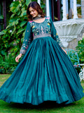 Beautiful Teal Blue Coding Work Silk Evening Wear Gown With Dupatta