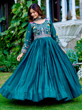 Beautiful Teal Blue Coding Work Silk Evening Wear Gown With Dupatta