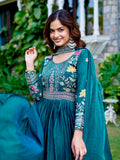 Beautiful Teal Blue Coding Work Silk Evening Wear Gown With Dupatta