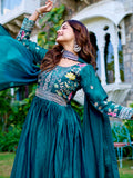 Beautiful Teal Blue Coding Work Silk Evening Wear Gown With Dupatta