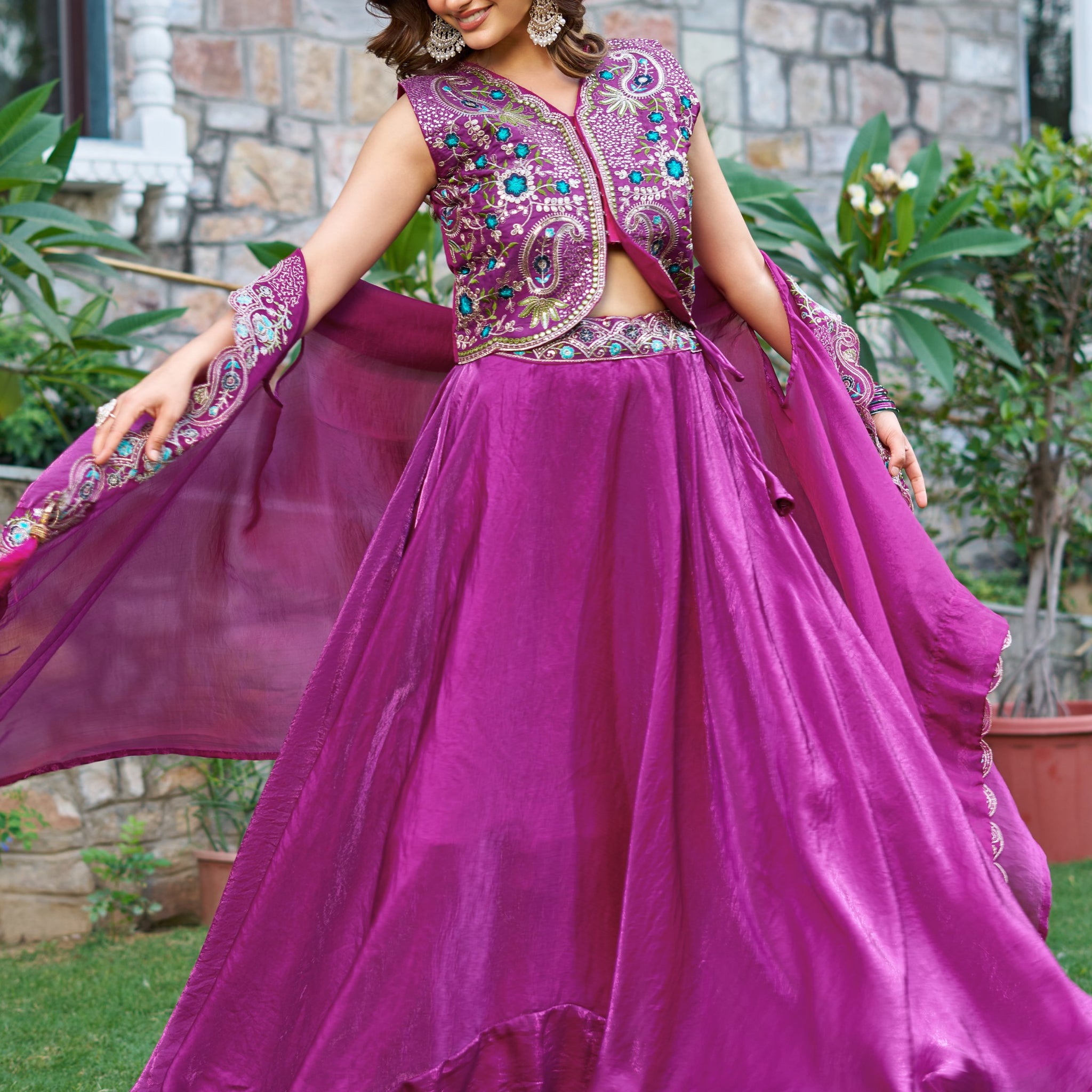Splendid Purple Thread Embroidered Silk Event Wear Lehenga Choli With Shrug