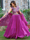 Splendid Purple Thread Embroidered Silk Event Wear Lehenga Choli With Shrug