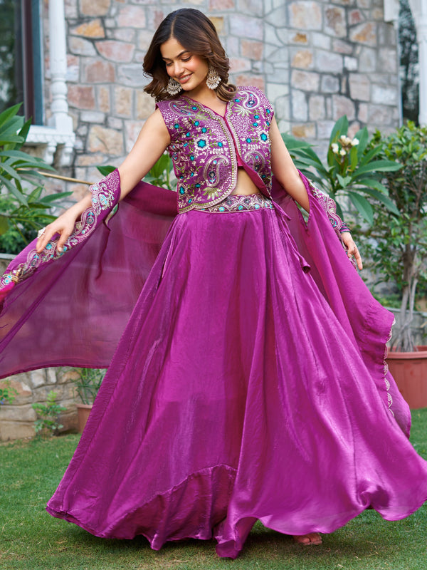 Splendid Purple Thread Embroidered Silk Event Wear Lehenga Choli With Shrug