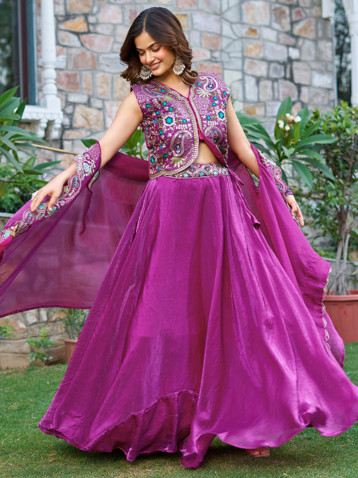 Splendid Purple Thread Embroidered Silk Event Wear Lehenga Choli With Shrug