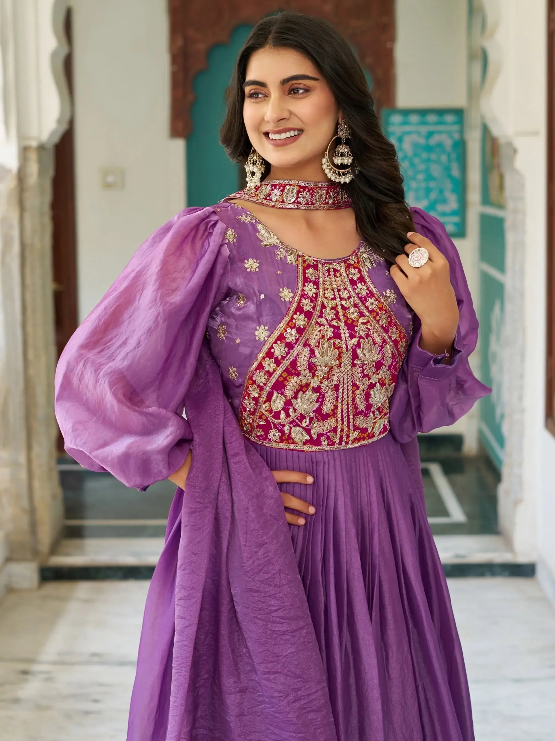 Pretty Purple Sequins Embroidered Silk Evening Wear Gown With Dupatta