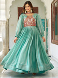 Glorious Teal Green Thread Work Silk Designer Gown With Dupatta