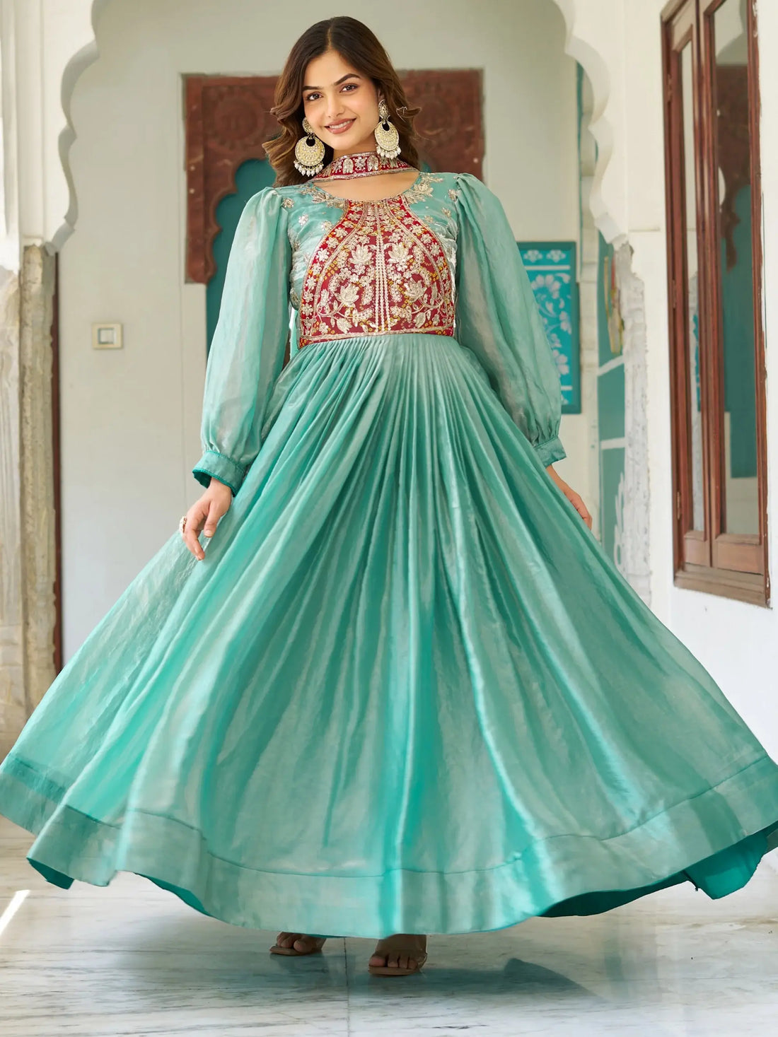 Glorious Teal Green Thread Work Silk Designer Gown With Dupatta