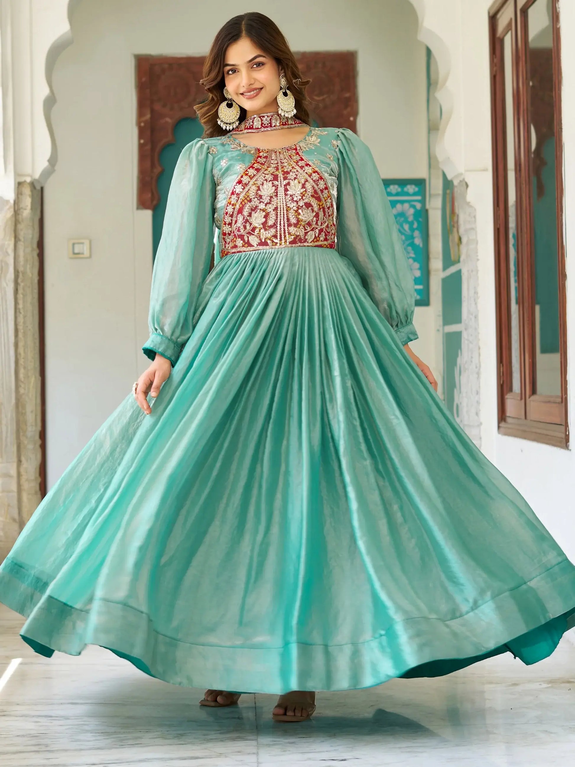 Glorious Teal Green Thread Work Silk Designer Gown With Dupatta