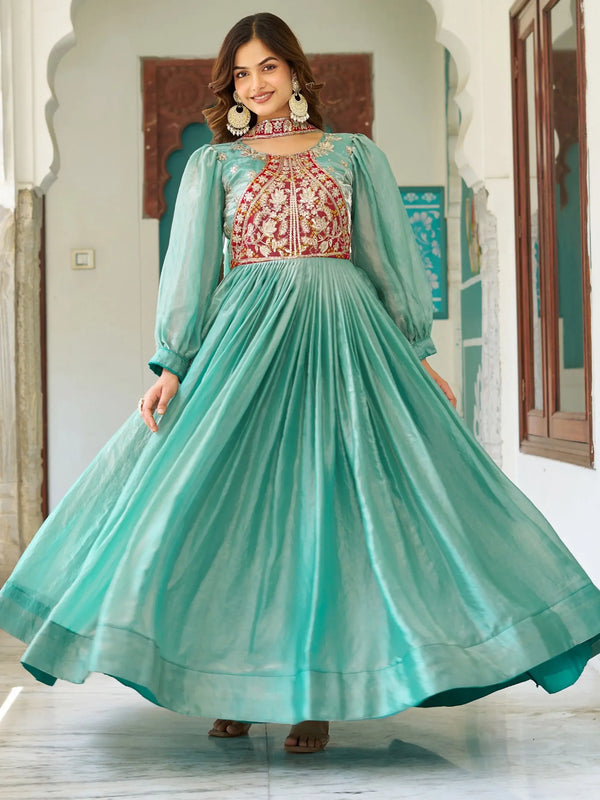 Glorious Teal Green Thread Work Silk Designer Gown With Dupatta