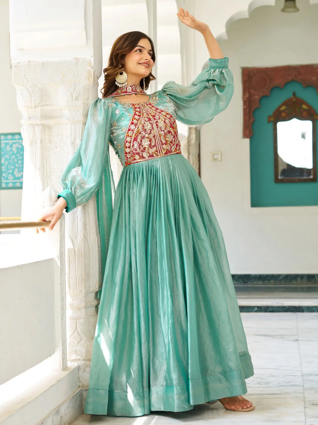 Glorious Teal Green Thread Work Silk Designer Gown With Dupatta