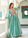 Glorious Teal Green Thread Work Silk Designer Gown With Dupatta