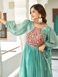 Glorious Teal Green Thread Work Silk Designer Gown With Dupatta