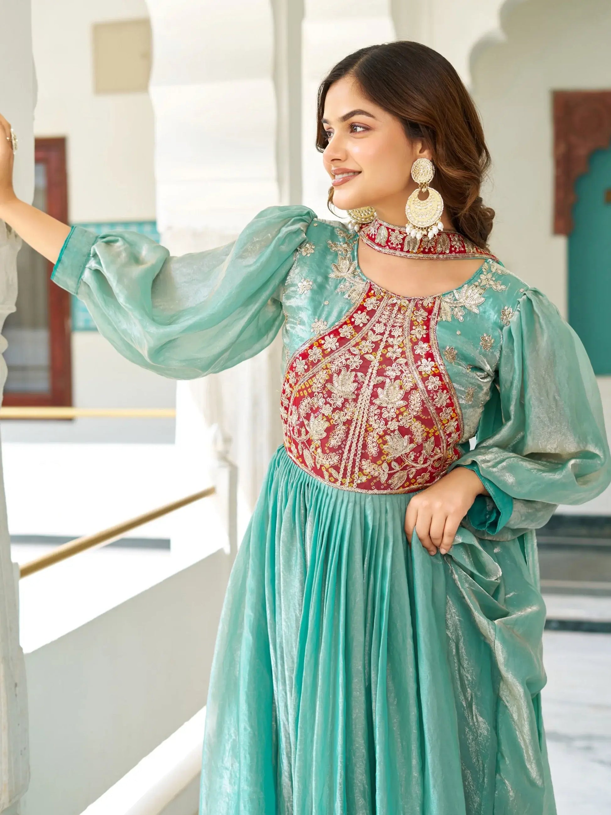 Glorious Teal Green Thread Work Silk Designer Gown With Dupatta