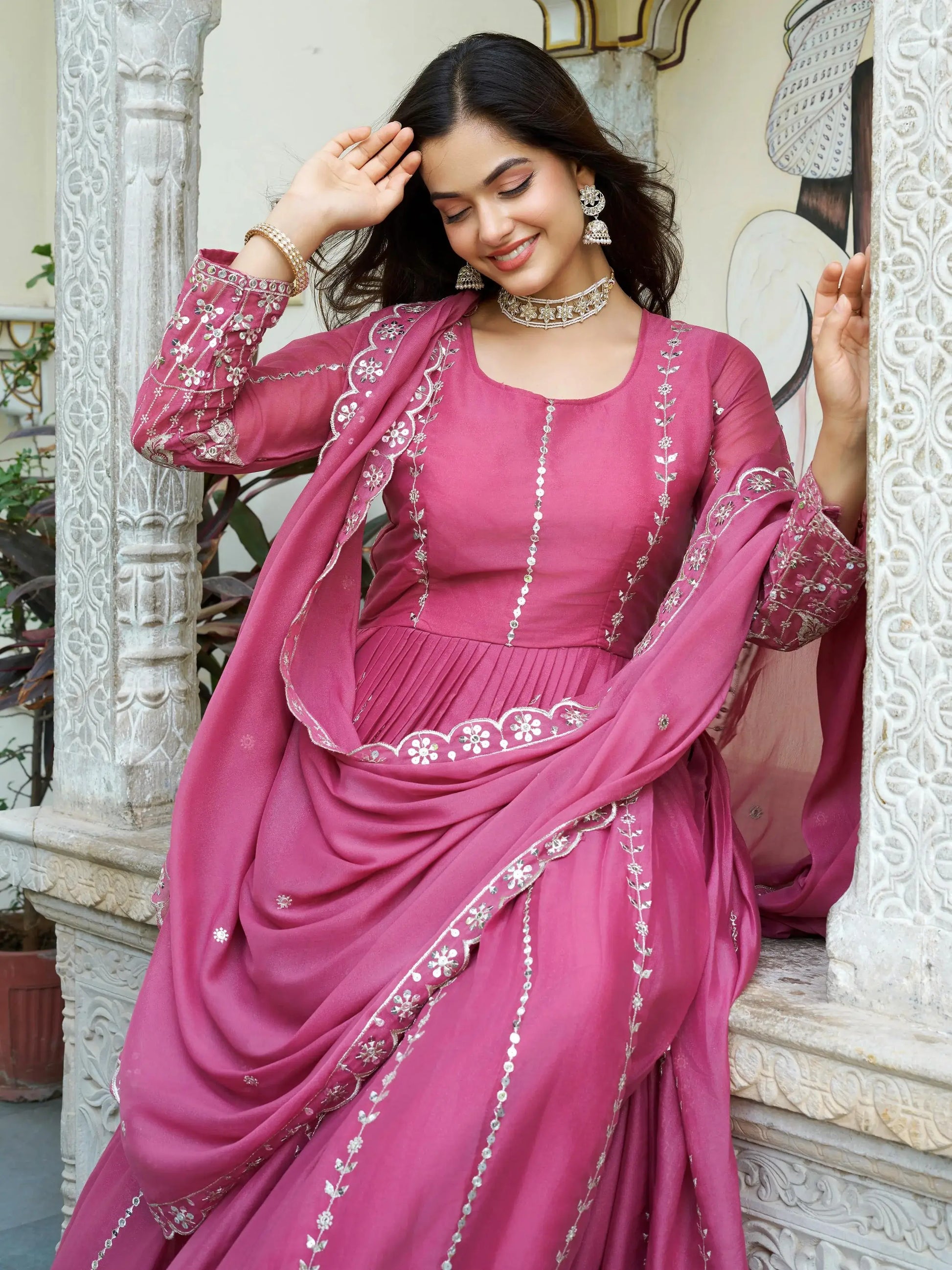 Wonderful Pink Sequins Georgette Marriage Wear Gown With Dupatta