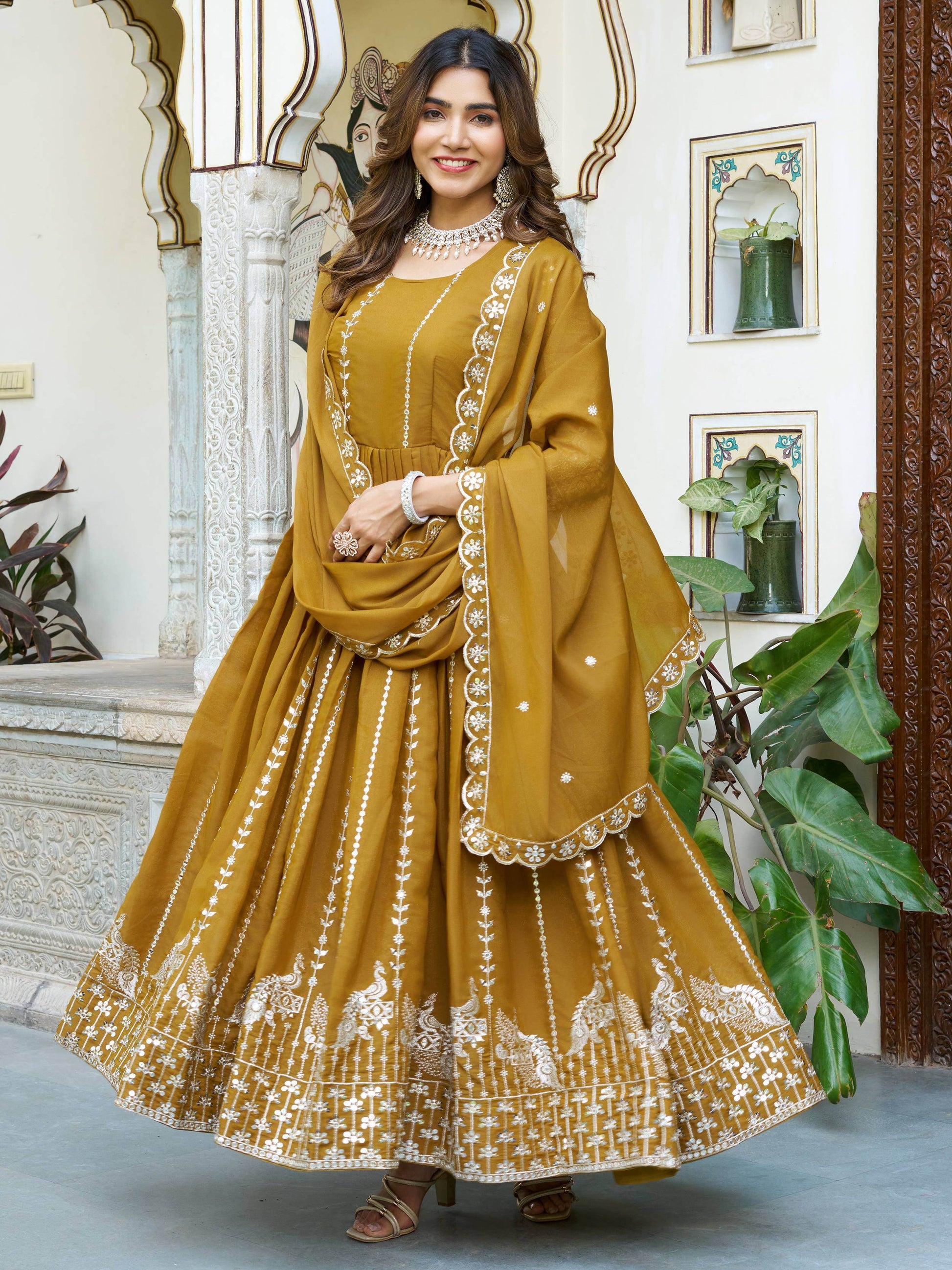 Excellent Mustard Yellow Sequins Georgette Traditional Gown With Dupatta
