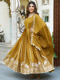 Excellent Mustard Yellow Sequins Georgette Traditional Gown With Dupatta
