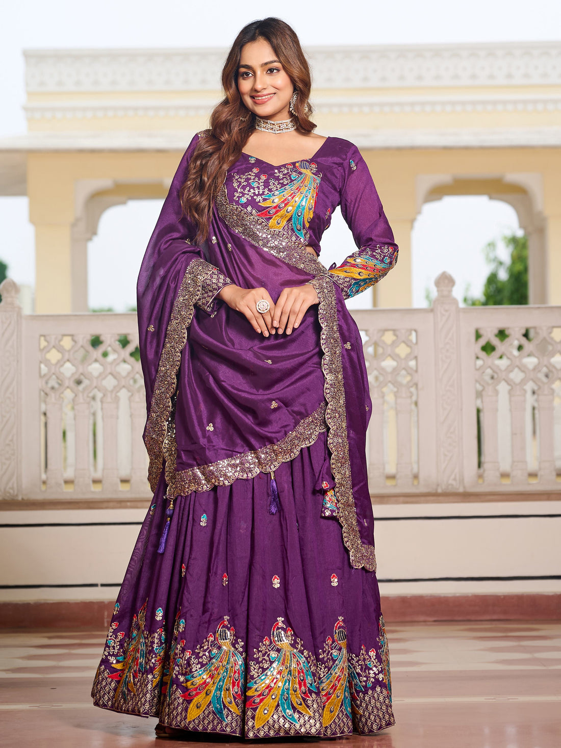 Magnetic Purple Embroidered Vichitra Silk Festive Wear Lehenga Choli With Dupatta