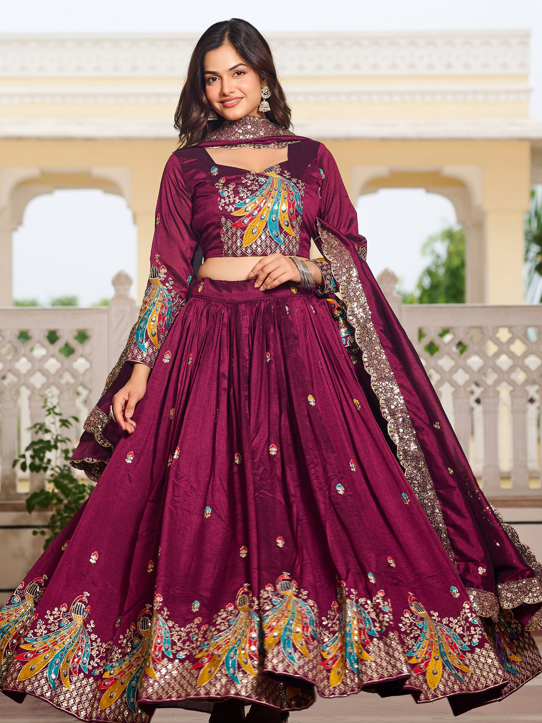 Fascinating Wine Sequins Work Vichitra Silk Bridesmaid Lehenga Choli With Dupatta