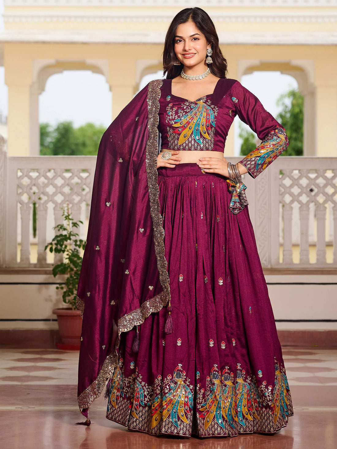 Fascinating Wine Sequins Work Vichitra Silk Bridesmaid Lehenga Choli With Dupatta