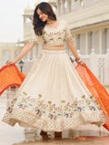 Beautiful Off-White Sequins Tissue Lehenga Choli With Orange Dupatta