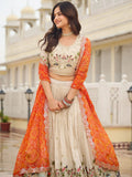 Beautiful Off-White Sequins Tissue Lehenga Choli With Orange Dupatta