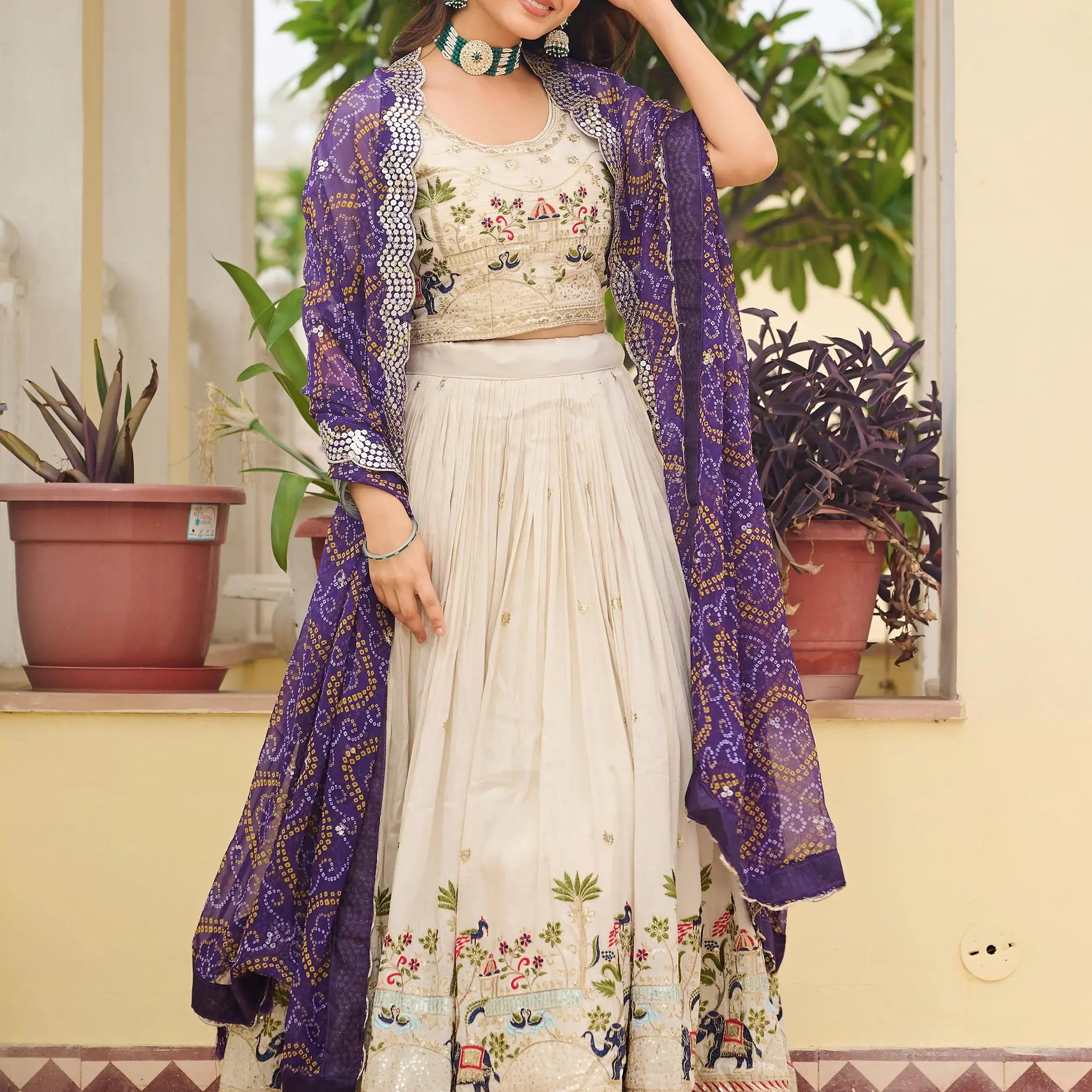 Gorgeous Off-White Thread Work Tissue Evening Wear Lehenga Choli With Purple Dupatta
